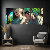 Jujutsu Kaisen wall poster by Dripster featuring split-panel anime characters in a cozy room setting